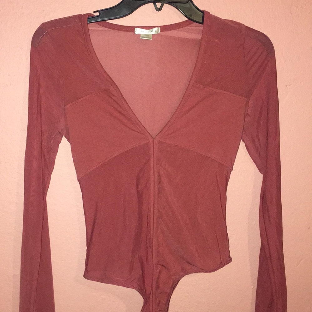 Burnt Red Mesh Long Sleeves Body Suit